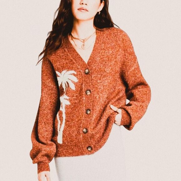 Ascot & Hart Palm Graphic Rust Cardigan – Indie Coastal Cowgirl Knit (M) 🌴 - Picture 1 of 7